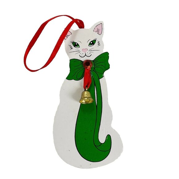 Kurt Adler Wood White Cat 4.5 Inch Red Scarf & Bell Christmas Ornament 1989 VTG - Picture 1 of 7
